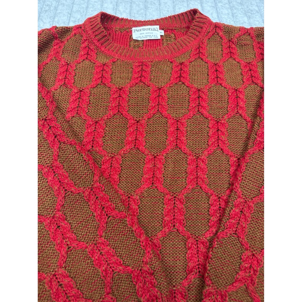 Personal Vintage Mens XL Red Brown Honeycomb Cable Knit Crewneck Sweater Retro